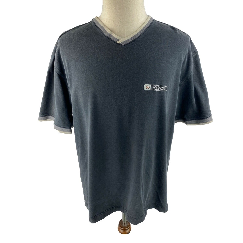 Nike 90s Y2K Mens XL V-Neck Knit T-Shirt Spellout Swoosh Black Tee